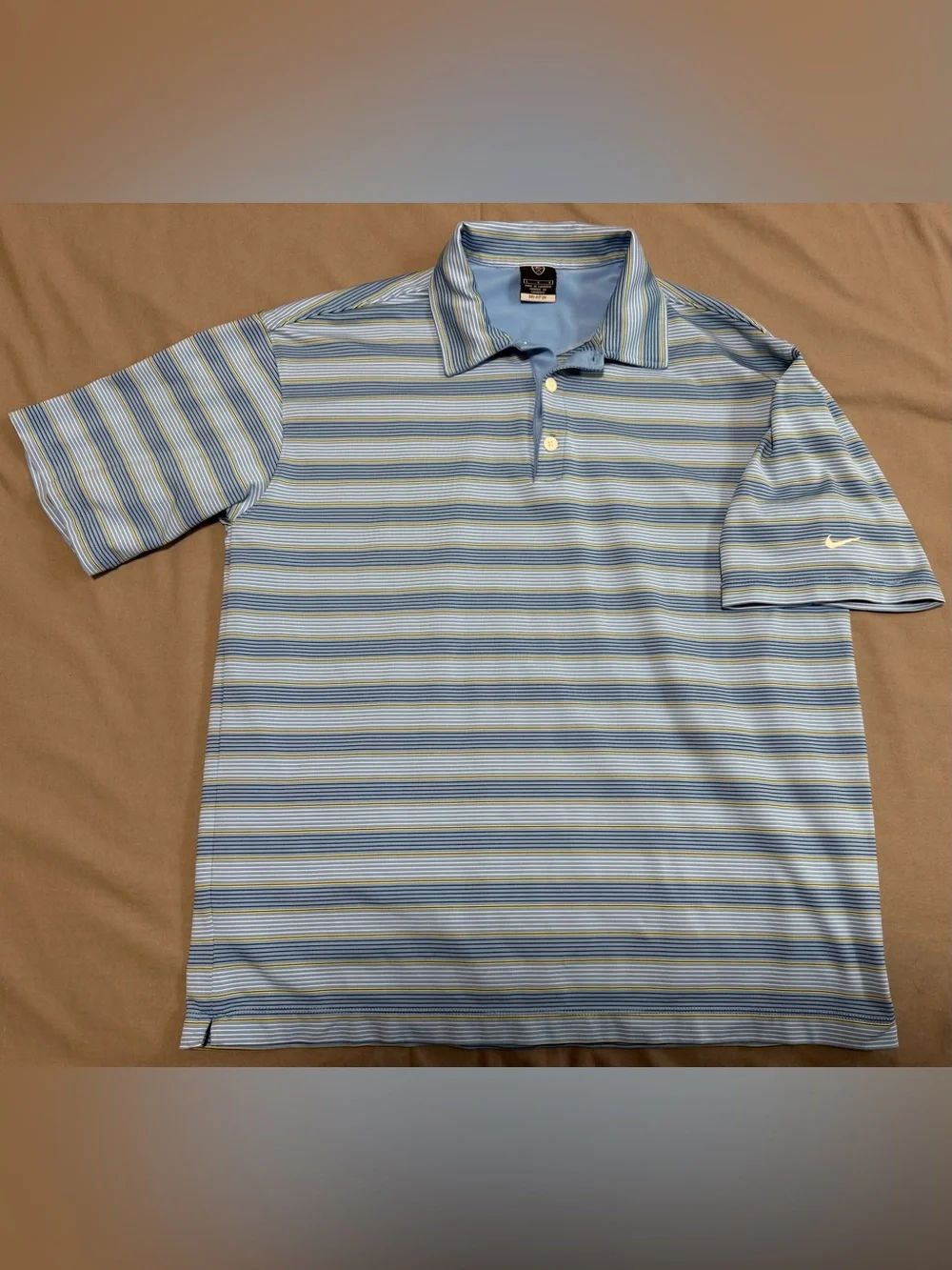 Classic Nike Golf DRI FIT UV Short Sleeve Polo Shirt Blue Striped Mens Size L